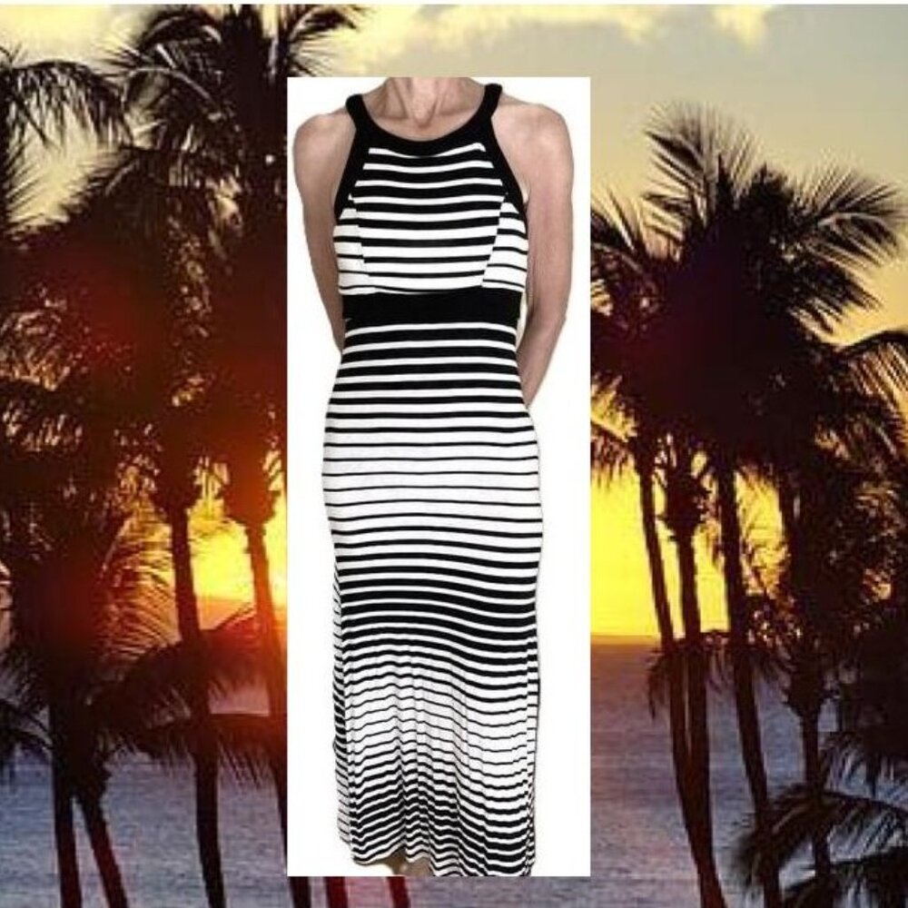 Monteau Casual Black and White Striped Jersey Dress, Size S